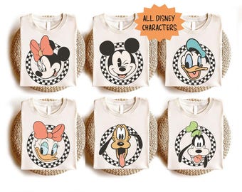 Camiseta retro a cuadros de Mickey y sus amigos de Disney, sudadera de viaje familiar de Disney, camiseta de vacaciones de Disney, camiseta con todos los personajes de Disney