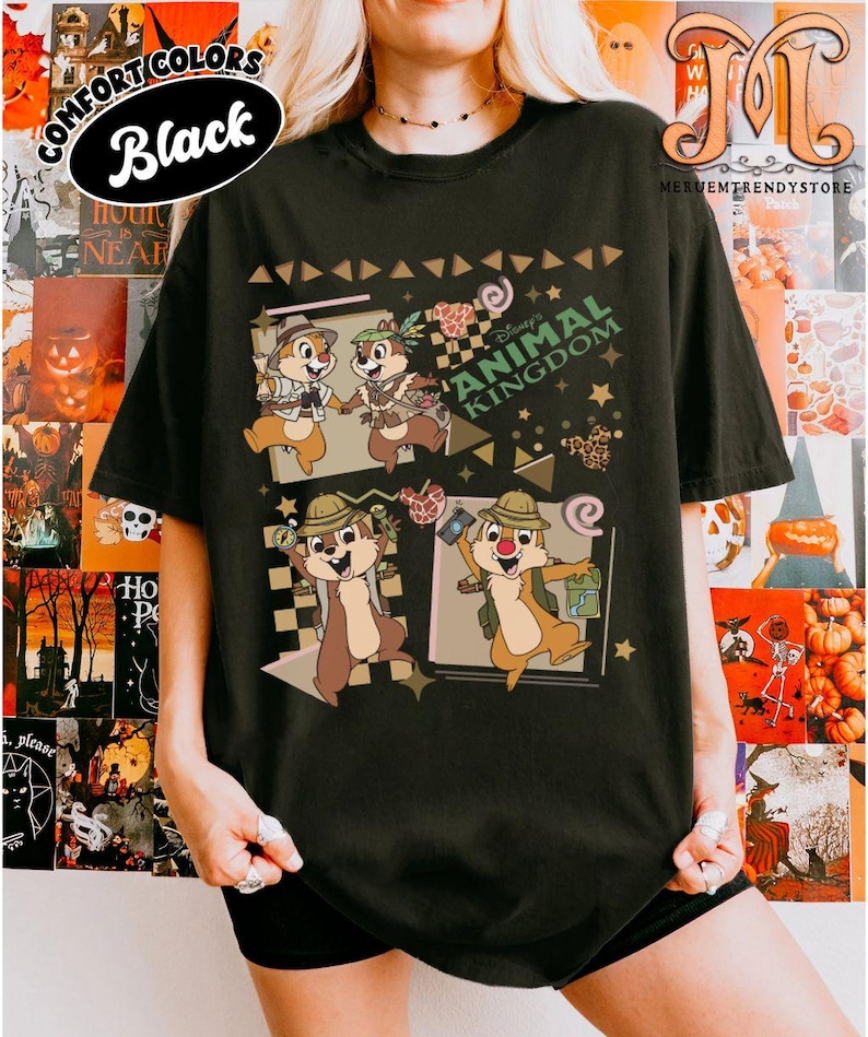 May include: A black short-sleeve t-shirt featuring a graphic print of Chip and Dale in explorer outfits. The design includes the text Disney's ANIMAL KINGDOM, along with various geometric shapes, stars, and small icons of animal-print ears.