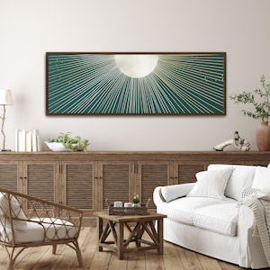 Boho Sun Canvas Print, Retro Dark Teal Abstract Wall Art, Mid Century Modern Decor, Large Horizontal Framed Artwork