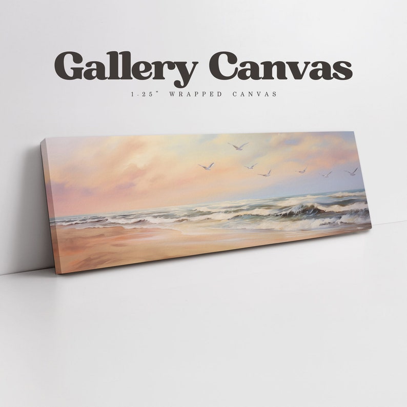 a painting of a beach with birds flying over it