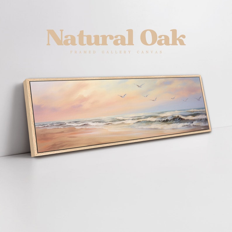 a painting of a beach with birds flying over it