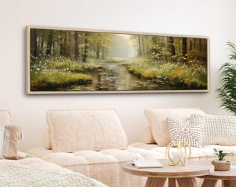 May include: A long, horizontal painting of a forest scene with a stream running through it. The trees are green and the stream is blue. There are white flowers growing along the banks of the stream.