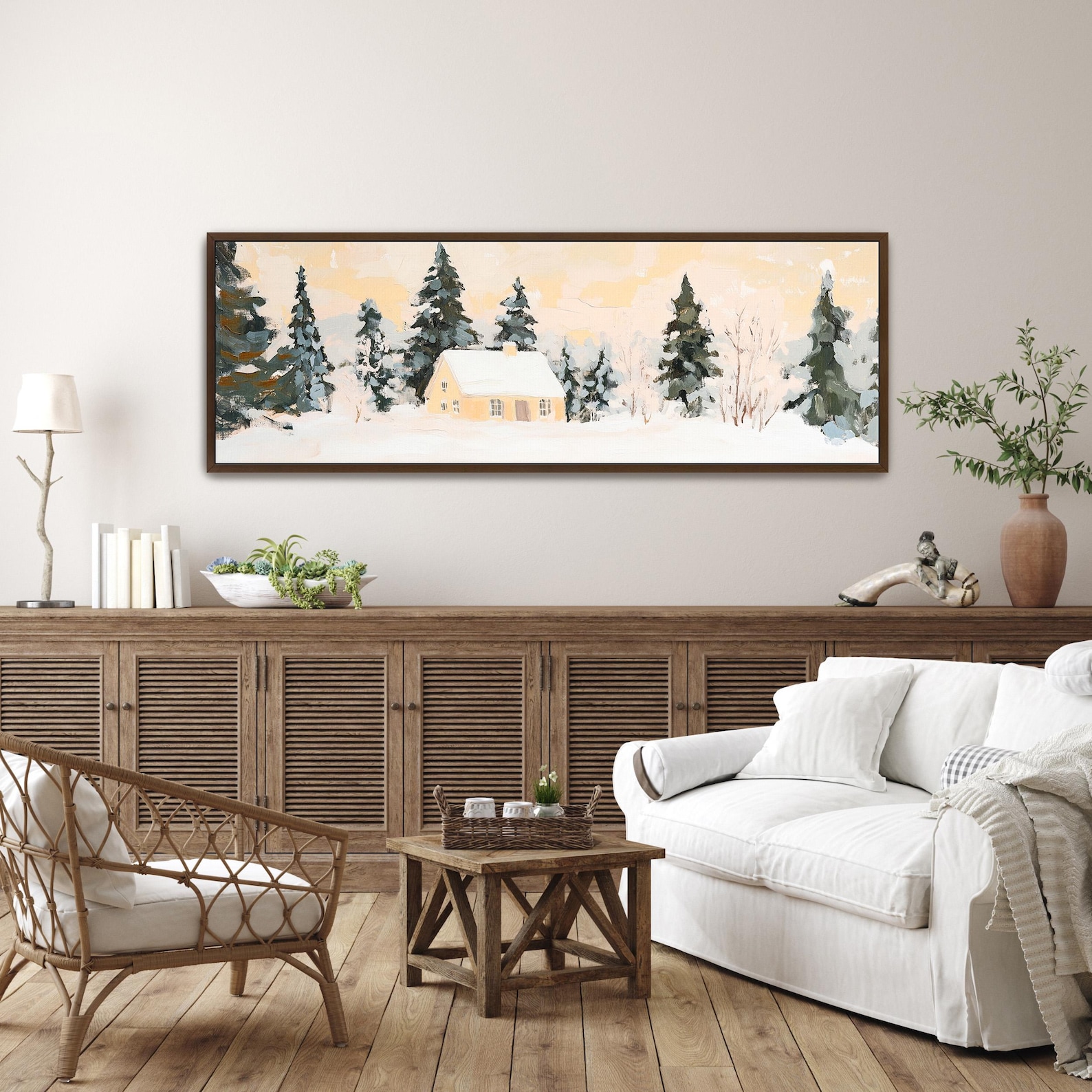 Neutral Winter Framed Canvas Minimal Vintage Landscape Wall Art Modern