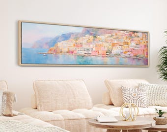 Retro Coastal Canvas Print | Vintage Neutral Pastel Italy Wall Art | Large Horizontal Framed Canvas | Above Bed Sofa Decor | #394