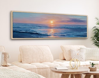 May include: A framed panoramic painting of a sunset over the ocean. The artwork features a vibrant sky with shades of pink, orange, and blue, reflecting on the water. The waves are painted in varying shades of blue.