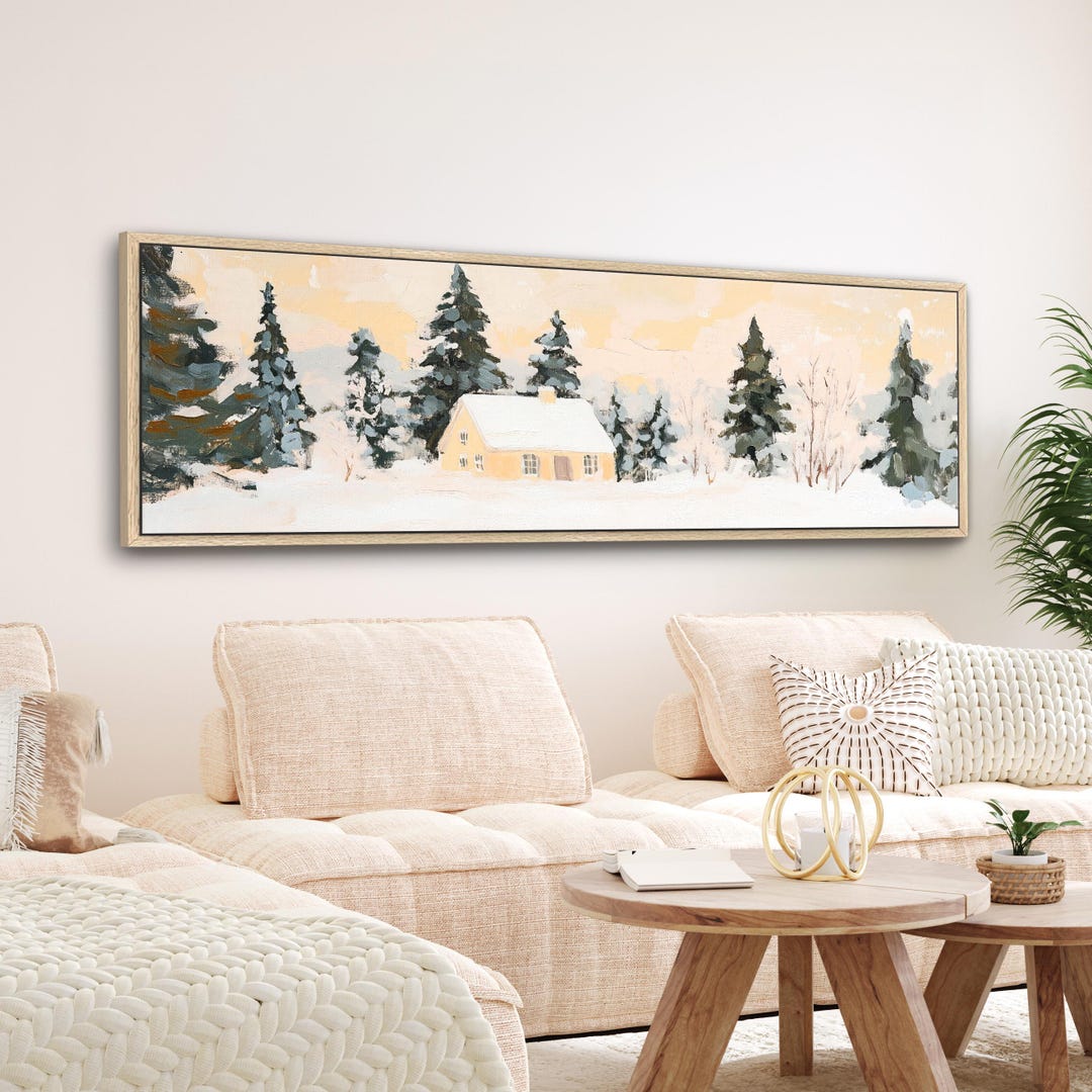 Neutral Winter Framed Canvas Minimal Vintage Landscape Wall Art Modern