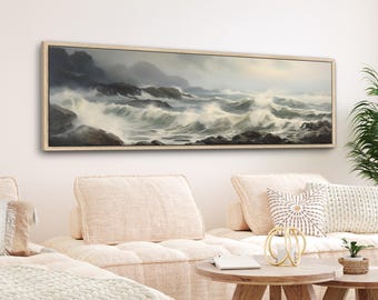 Vintage Coastal Canvas Print, Ocean Waves, Framed Wall Art