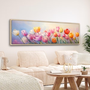 Tulip Flowers Canvas Print | Minimal Floral Large Wall Art | Retro Above Bed Decor | Wide Horizontal Framed Canvas | #082