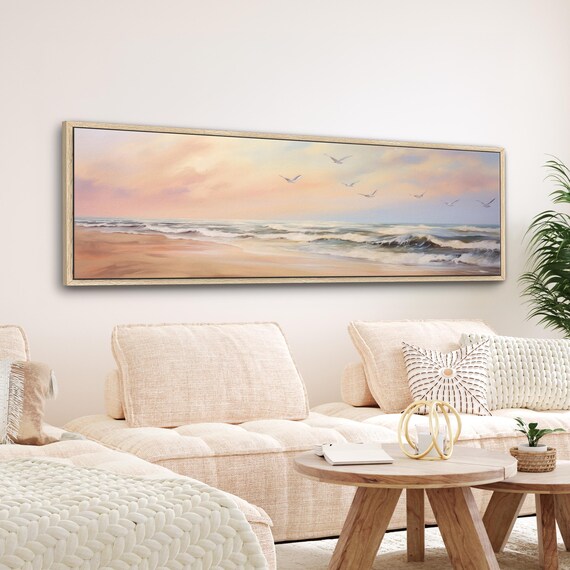 Vintage Coastal Landscape Canvas Print: Framed Beach Wall Art