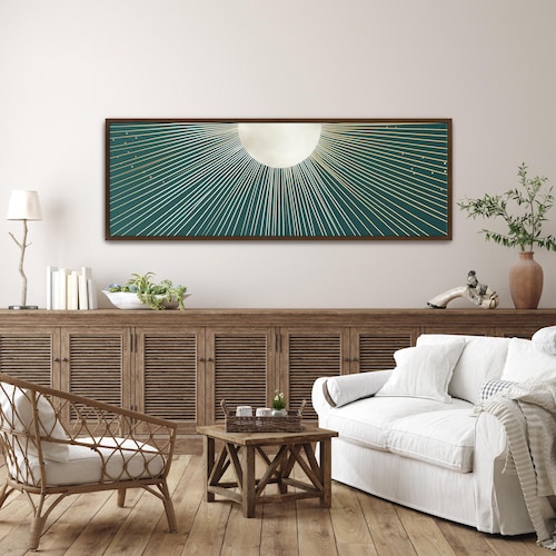 Boho Sun Canvas Print, Retro Dark Teal Abstract Wall Art, Mid Century Modern Decor, Large Horizontal Framed Artwork