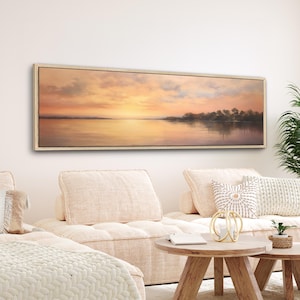 Landscape Framed Canvas | Minimalist Vintage Abstract Lake Print | Wide Panoramic Large Wall Art | Modern Above Bed Decor | #056