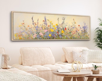 May include: A long, horizontal painting of a field of wildflowers in shades of purple, yellow, and pink. The flowers are painted in a realistic style, with a soft, dreamy background.