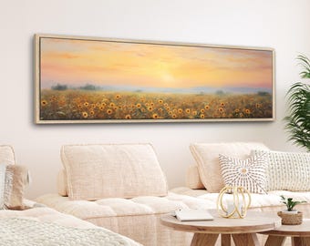 Countryside Sunflower Canvas Print: Retro Floral Landscape Wall Art
