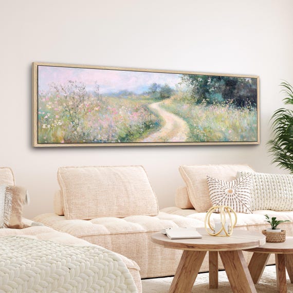 Country Flowers Canvas Print, Vintage Floral Landscape Horizontal