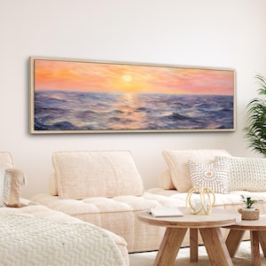 Ocean Sunset Canvas Print | Retro Pastel Seascape Wall Art | Minimal Modern Coastal Framed Canvas | Large Horizontal Above Bed Decor | #157