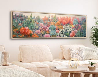 Desert Botanical Canvas Print | Retro Boho Cactus Landscape Wall Art | Large Panoramic Floral Framed Canvas | Wide Horizontal Decor | #124
