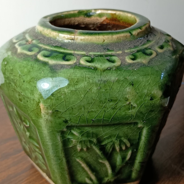 Antique Chinese six sided jar green glaze hexagon Shiwan  pot Ginger jar shiwa shekwan  #4