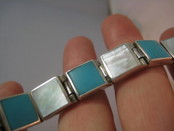 Sterling Turquoise & Mother of Pearl shell bracel… - image 3