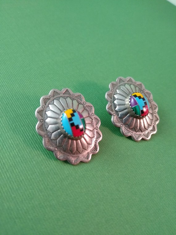 Inlaid concho style post earrings - image 6