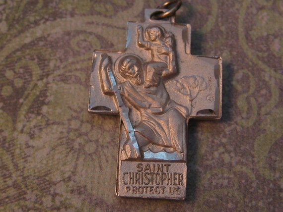 Holy family Saint Christopher cross medal with ch… - image 3
