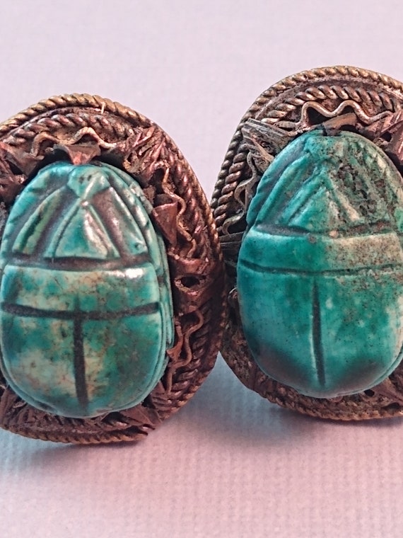 Egyptian Revival Scarab faience clip earrings