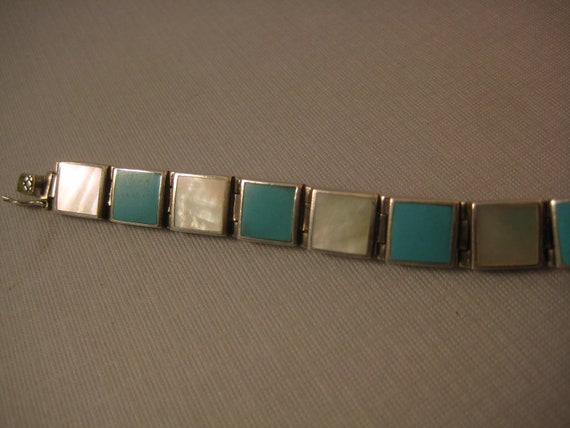 Sterling Turquoise & Mother of Pearl shell bracel… - image 9