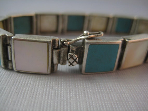 Sterling Turquoise & Mother of Pearl shell bracel… - image 6