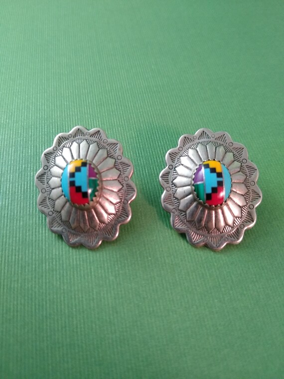 Inlaid concho style post earrings - image 2