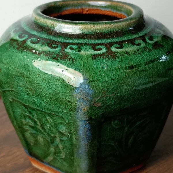 Antique Chinese six sided jar green glaze hexagon Shiwan  pot Ginger jar Blue stripe shiwa shekwan  #3