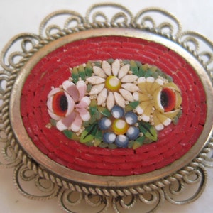 Red micro mosaic brooch Italy silver mosaic pin