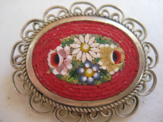 Red micro mosaic brooch Italy silver mosaic pin - image 1