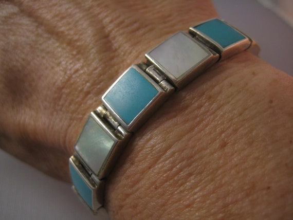 Sterling Turquoise & Mother of Pearl shell bracel… - image 4