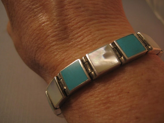Sterling Turquoise & Mother of Pearl shell bracel… - image 8
