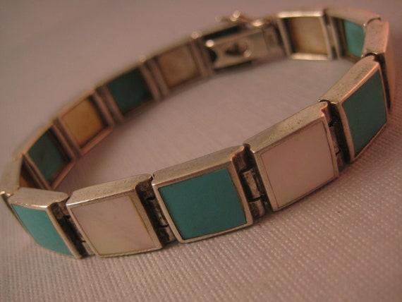 Sterling Turquoise & Mother of Pearl shell bracel… - image 1