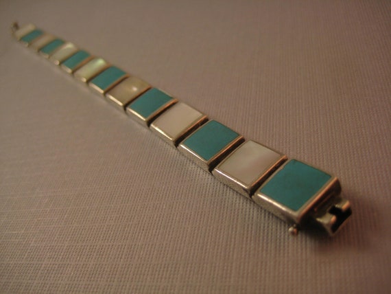 Sterling Turquoise & Mother of Pearl shell bracel… - image 2