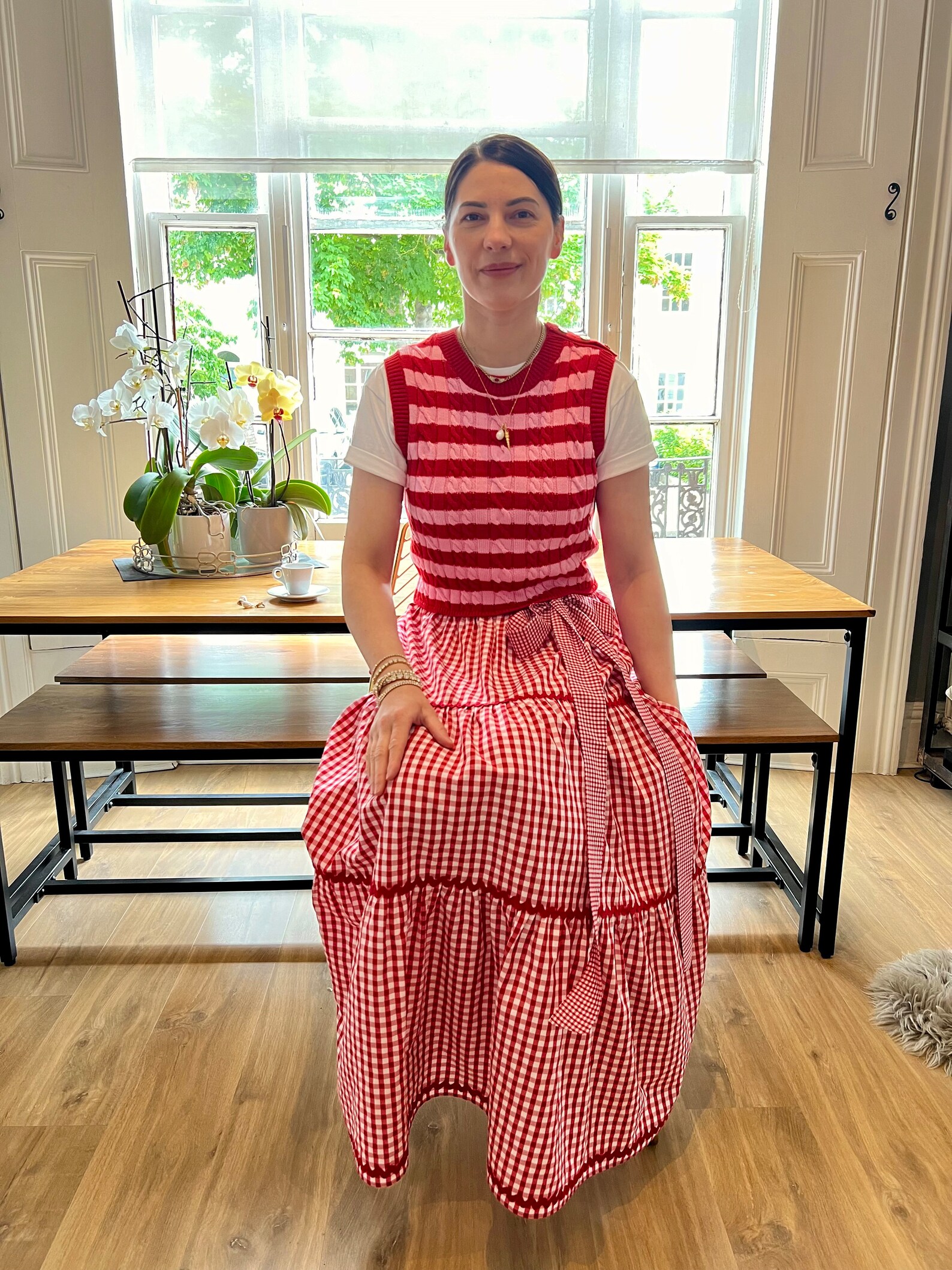 Red & White Gingham Ruffle Trim Smocked Tiered Mini Skirt main image 0