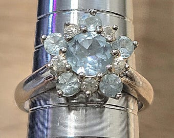 Vintage Signed 925  Blue Topaz CZ Cluster Ring Size 7, Light Blue Gemstone Flower Cocktail Ring, HAN Thai Sterling Silver