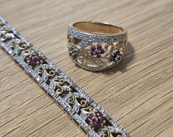 Vintage Signed 925 Two Tone Vermeil Floral Jewelry Set, Size 8 Multi Gemstone Flower Ring & 7.5" bracelet, China R