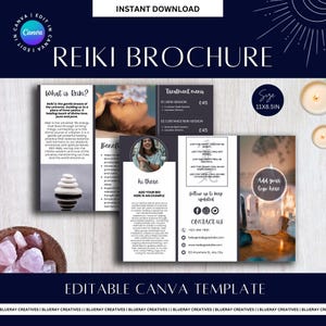 Broszura Reiki: Ciemna edytowalna ulotka Reiki, formularze biznesowe dla praktykujących, profesjonalne szablony do marketingu Reiki - szablon Canva