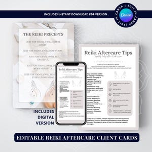 Carte de suivi client Reiki, modèle Canva personnalisable, guide de guérison imprimable, format adapté aux appareils mobiles, outil d'assistance post-séance