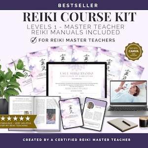May include: Reiki Course Kit with manuals, certificate, and digital resources. The image includes a laptop, books, and a plant. Text includes "Reiki Course Kit" and "For Reiki Master Teachers."