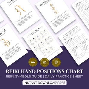 レイキの手の位置表（印刷可能）、レイキのシンボル表、レイキの自己ヒーリングガイド、レイキの練習シート、エネルギーヒーリングツール