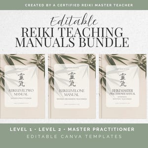 Peut inclure: Trois manuels d'enseignement Reiki éditables en lot, comprenant les éditions Niveau Un, Niveau Deux et Maître Praticien. Chaque manuel présente une couverture beige avec des motifs de feuilles de bambou vert foncé et du texte noir.