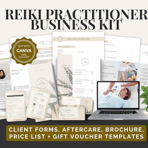 Paquete de negocios para practicantes de Reiki: formularios para clientes, tarjetas de cuidados posteriores, lista de precios y folleto; plantillas editables de Canva para sanadores holísticos.