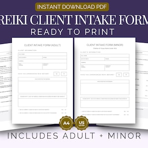 Pakiet formularzy przyjęcia klienta Reiki | Formularze zgody dla dorosłych i nieletnich do druku w formacie PDF | Formularze przyjęcia terapii holistycznej | Formularze sesji Reiki