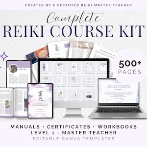 May include: A complete Reiki course kit featuring over 500 pages of manuals, certificates, and workbooks as editable Canva templates. The display includes a computer monitor and laptop showing course materials, text, and Reiki symbols.