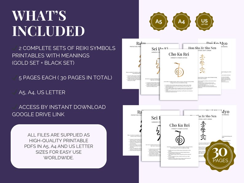 Reike Letters Reiki Symbols Printable Bundle | Black Study Guide + Gold Wall Art PDF ...