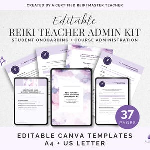 Op de afbeelding: Een bewerkbare Reiki-docenten admin kit met 37 pagina's aan sjablonen voor student-onboarding en cursusbeheer. De set bevat A4- en US letter-documenten met paarse aquarelaccenten, tekstkoppen en formulieren voor Reiki-training.