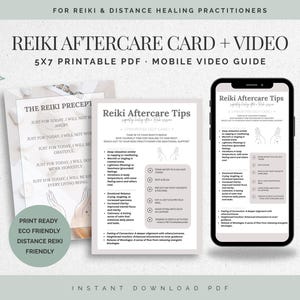 Può includere: Un set di schede post-trattamento Reiki e guida video mobile con documenti PDF stampabili. Il design include testo intitolato Reiki Aftercare Tips, Reiki Precepts e istruzioni per la cura di sé, presentato in un layout pulito e neutro.