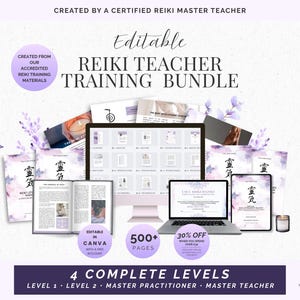 Reiki Teacher Manual Bundle | Level 1, 2, Master Practitioner + Master Teacher | Editable Canva Manuals, Workbooks & Certificates